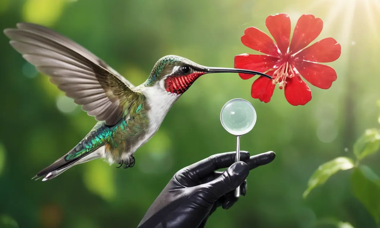 Un colibrí se alimenta de una flor roja en un bosque soleado