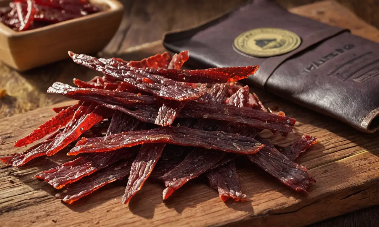 Jerky artesanal bañado en luz dorada sobre un fondo rústico