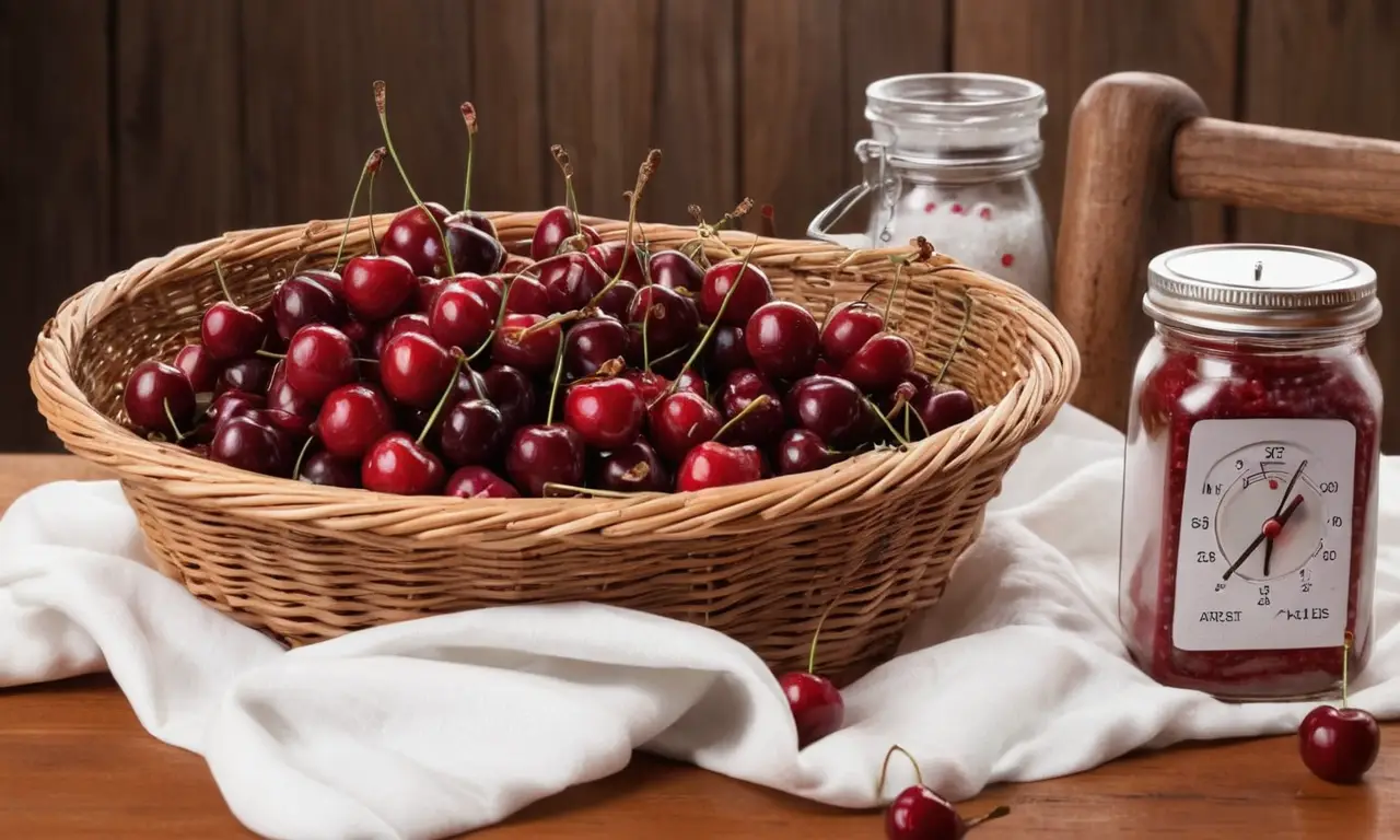 Un frasco de cerezas rojas se prepara para la conservación