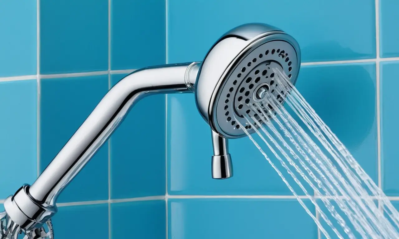 Un cabezal de ducha cromado brilla con gotas de agua mientras se mide para un ajuste perfecto en el baño