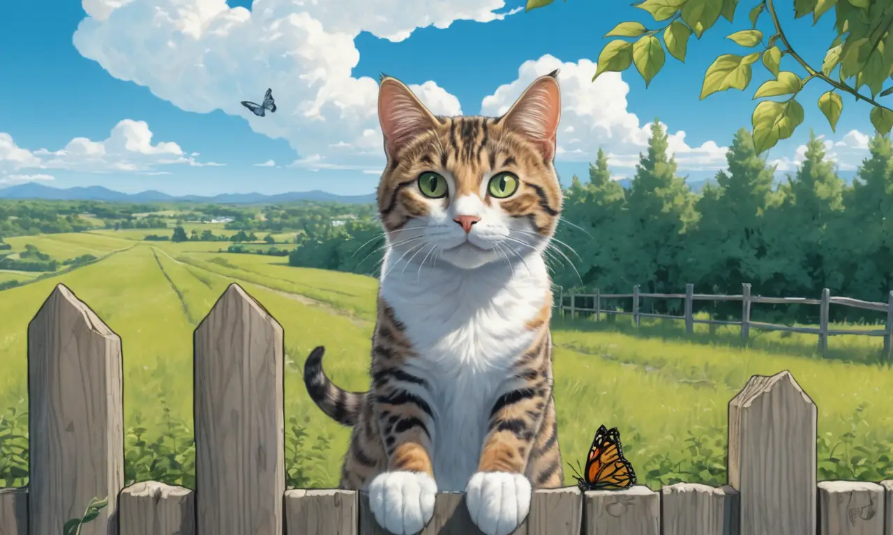 Un gato curioso observa desde detrás de un arbusto en un campo soleado