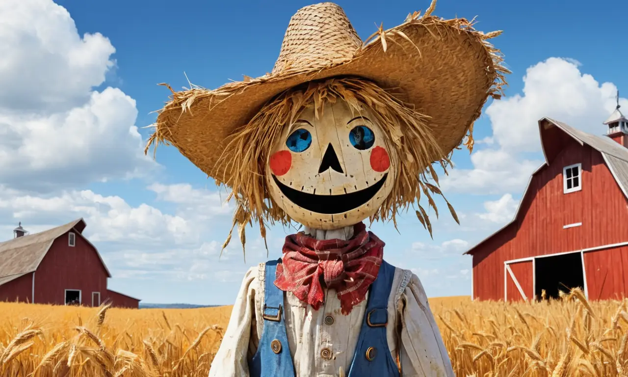 Un espantapájaros solitario vigila un campo dorado bajo un cielo azul