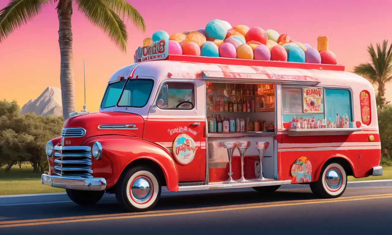 Un camión de helados vintage ofrece golosinas embriagadoras bajo un atardecer veraniego
