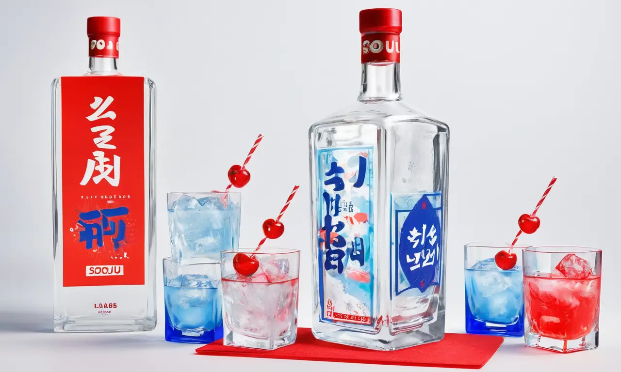Dos botellas, una de soju y otra de vodka, con sus respectivos accesorios para un brindis