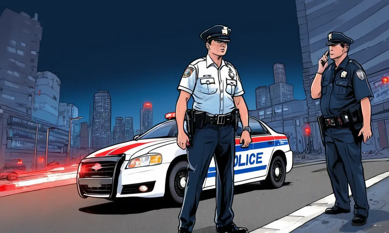 Un oficial de policía vigila una escena urbana concurrida