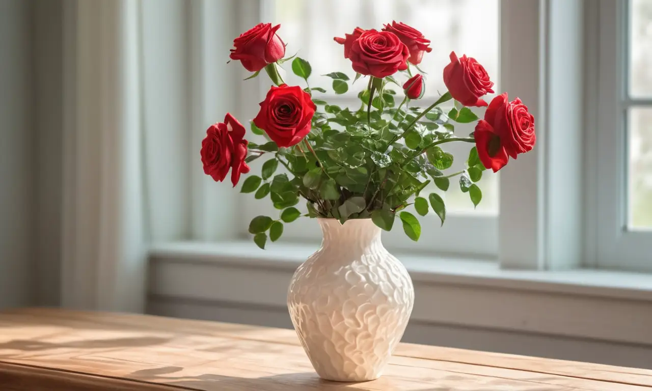 Un jarrón de cerámica blanco con rosas rojas y hojas verdes brilla bajo la luz del sol