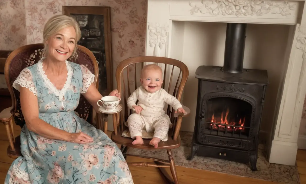 Una foto familiar antigua muestra a una mujer sonriente con su bebé en un acogedor hogar