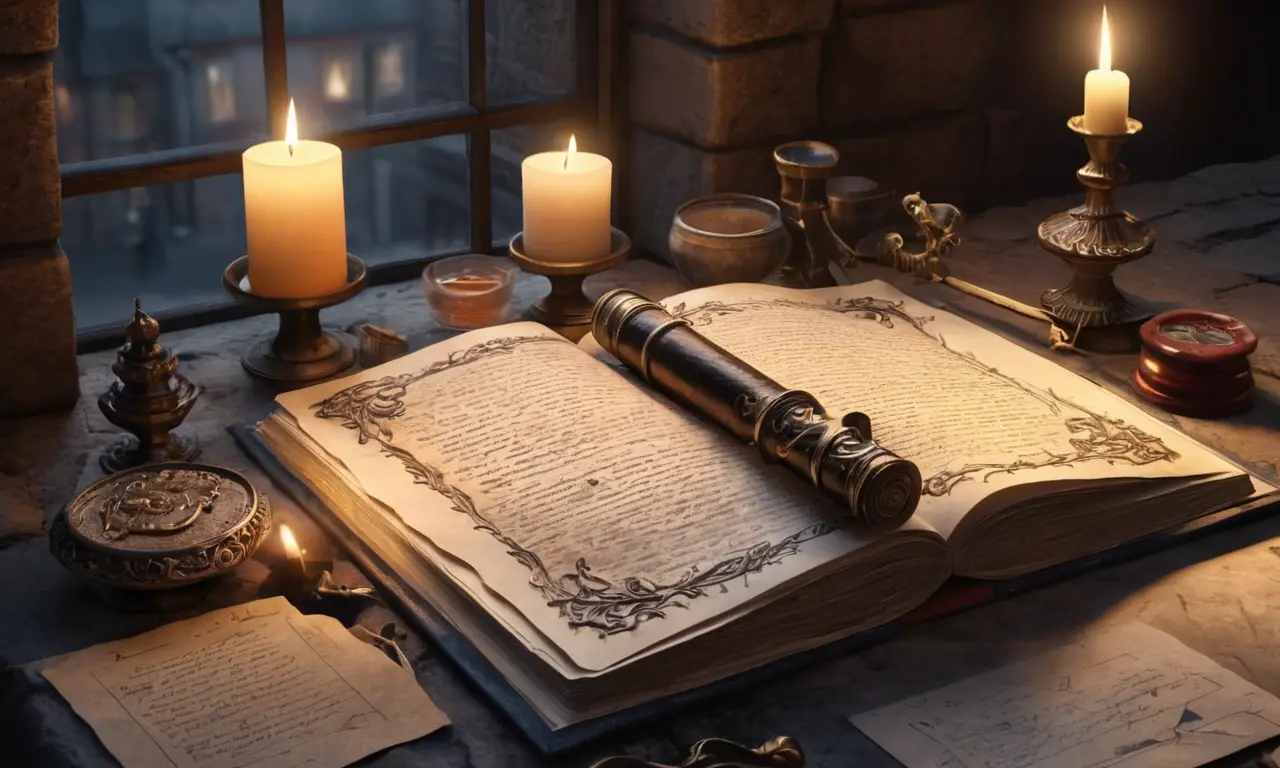 Un estudio antiguo con detalles de escritura y un ambiente misterioso