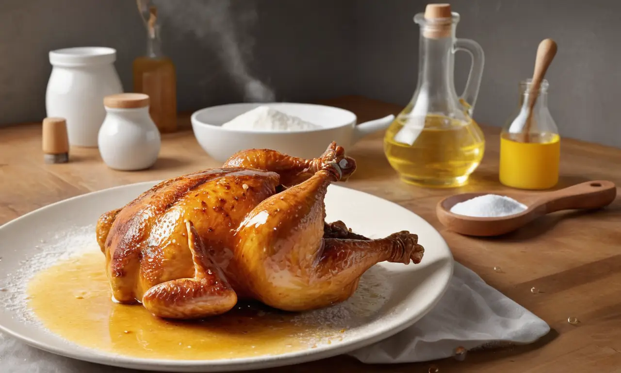 Un pollo dorado y crujiente se prepara en la cocina