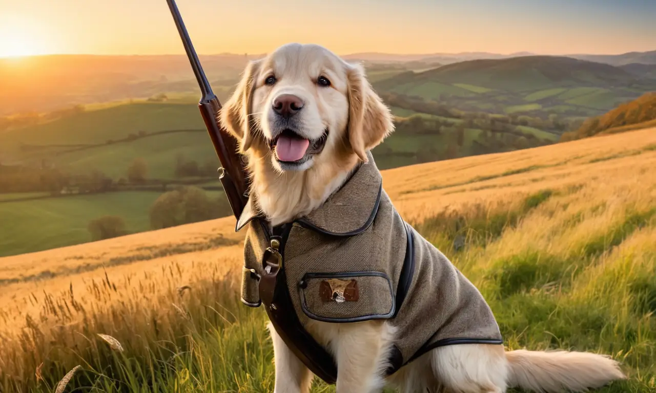 Un cachorro de Golden Retriever acompaña a un cazador en una mañana dorada