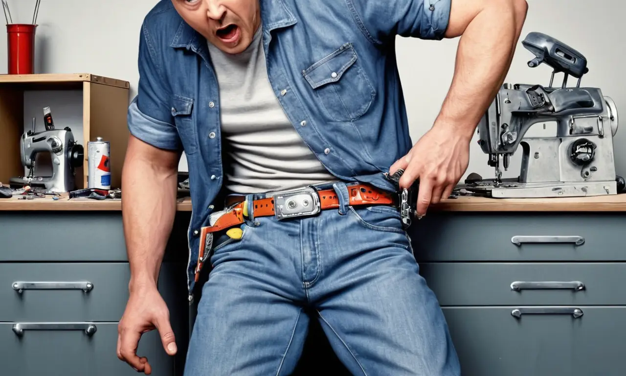 Un hombre frustrado intenta arreglar sus pantalones vaqueros bajitos