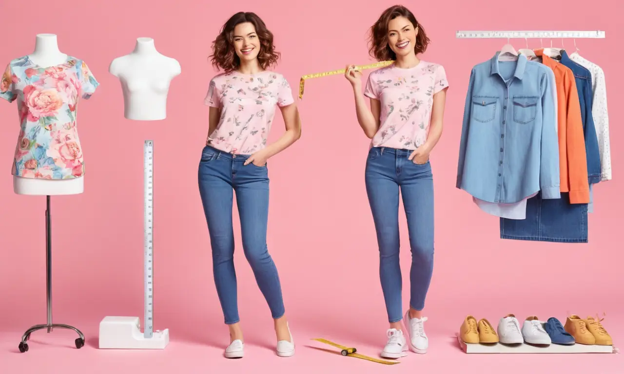 Una tienda de ropa con diseños florales y una mujer sonriente midiendo prendas