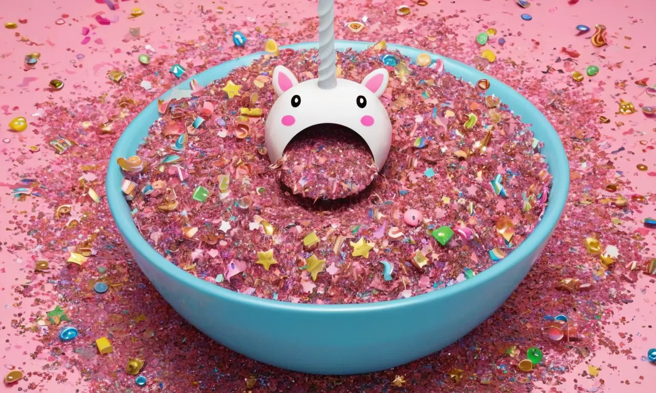 Un paquete brillante con unicornio y estrellas para hacer que las heces sean mágicas