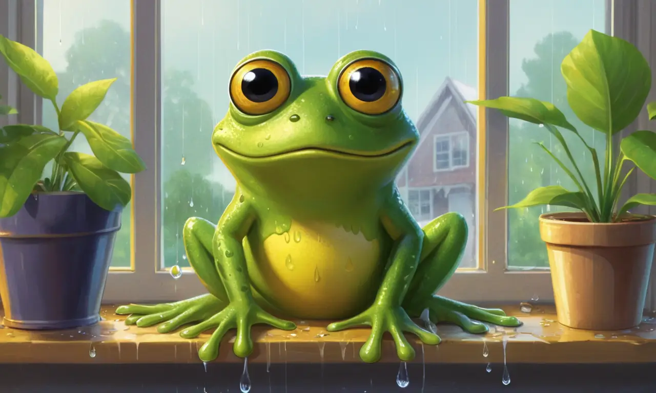 Un sapo verde observa desde el alféizar una escena caótica