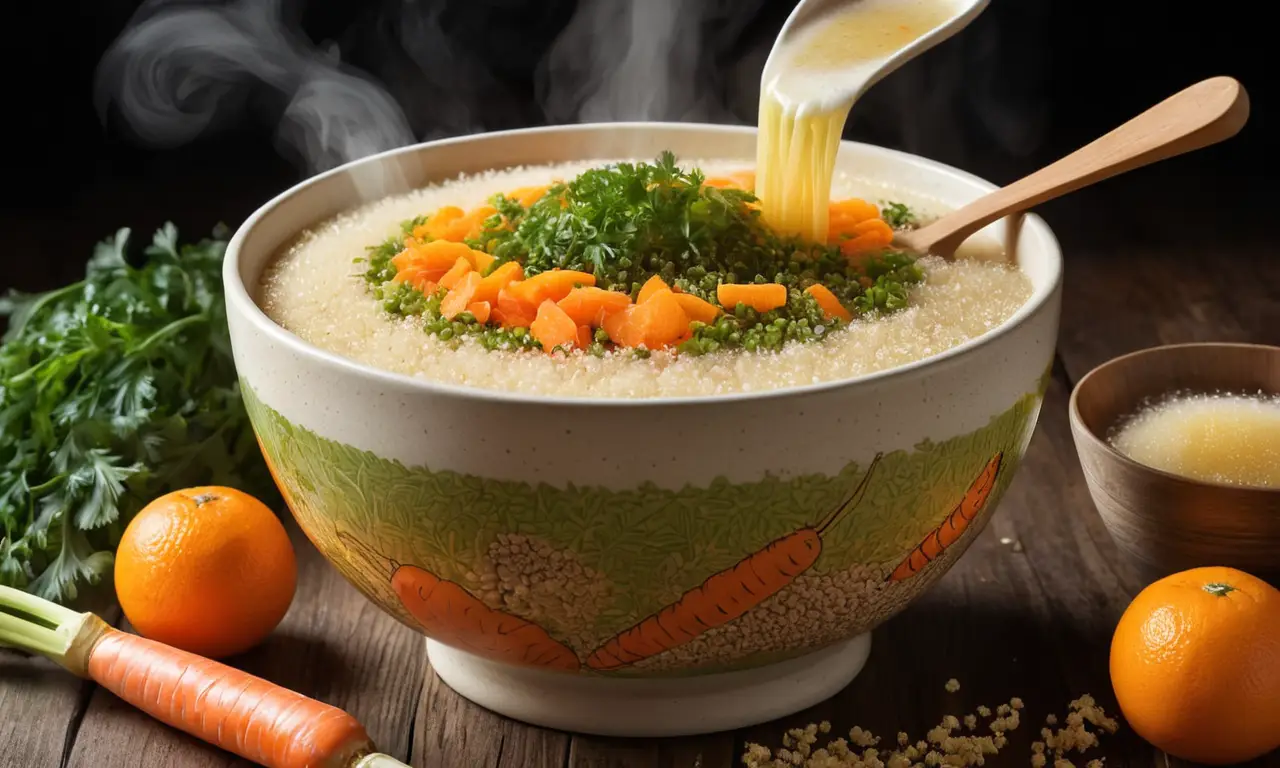 Un tazón humeante de quinoa con caldo dorado y verduras frescas invita a la cocina cálida