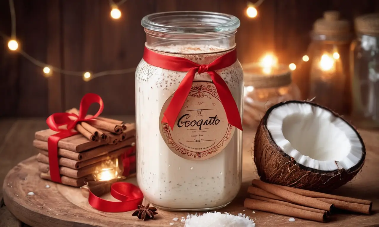 Un frasco de coquito casero adornado con detalles festivos