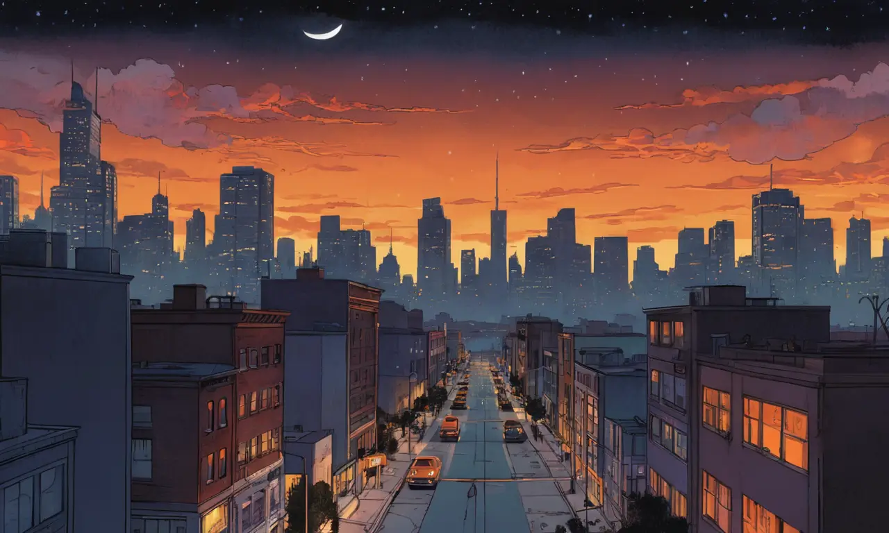 La ciudad se adormece bajo un cielo nocturno