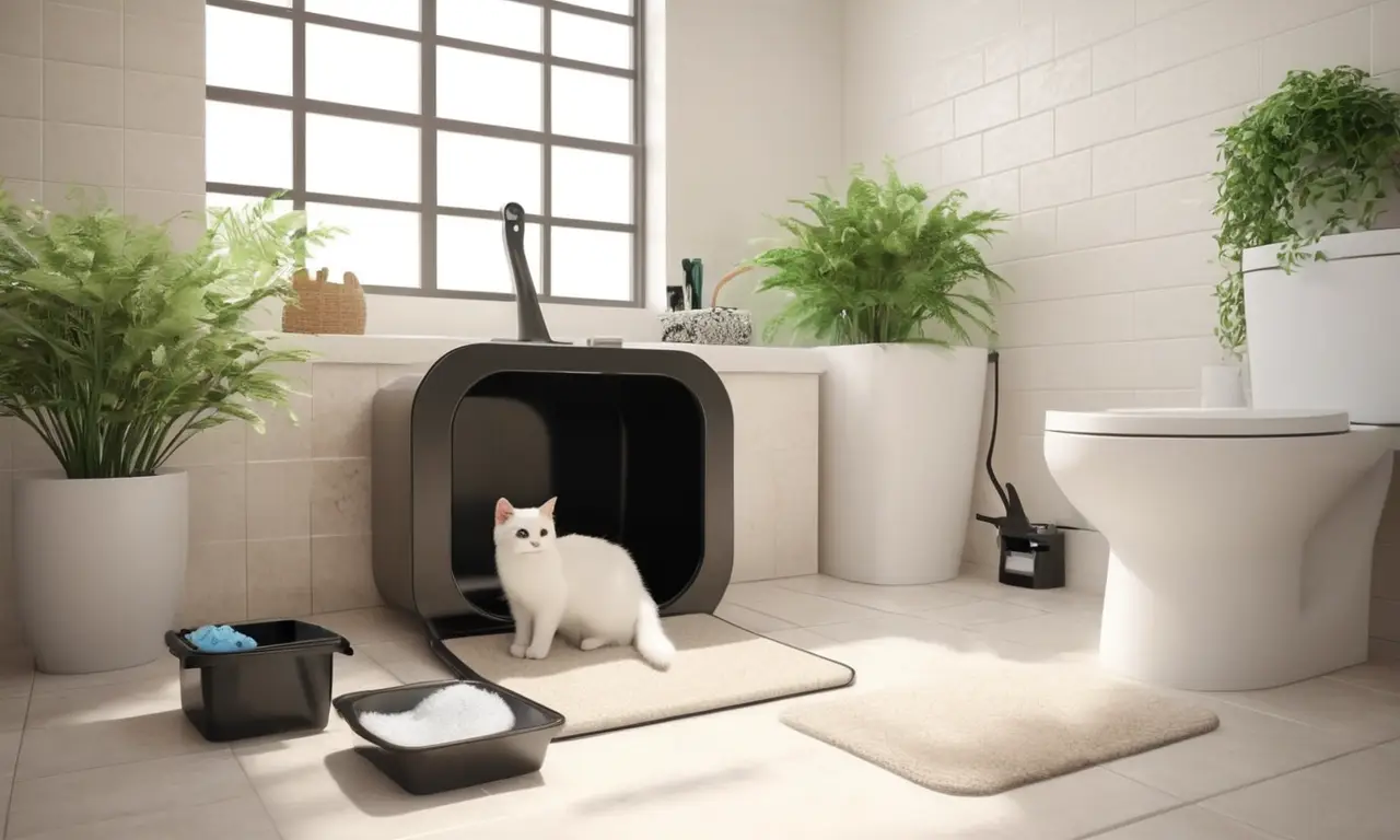 Un baño acogedor y ordenado con detalles felinos