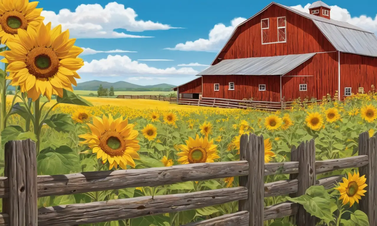 Un campo soleado con girasoles y un paisaje rural
