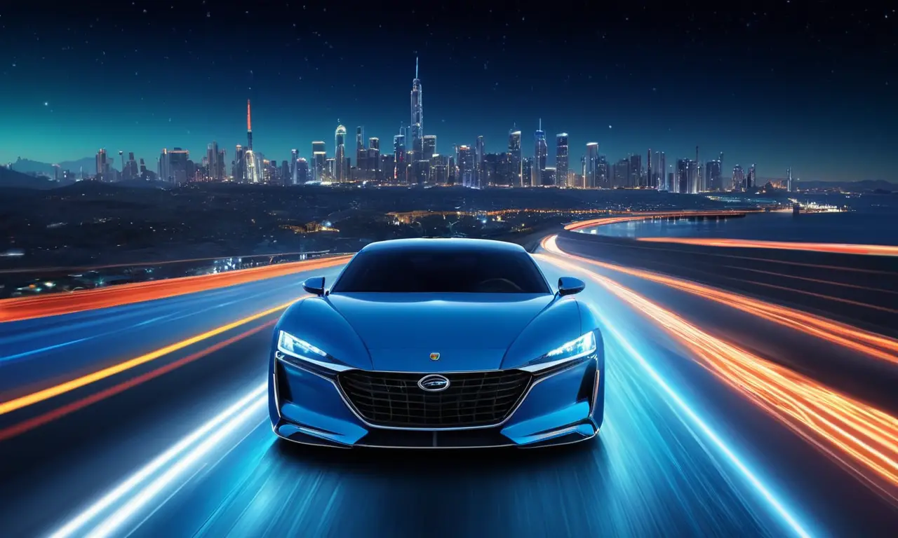 Un coche elegante serpentea por la ciudad bajo un cielo nocturno estrellado