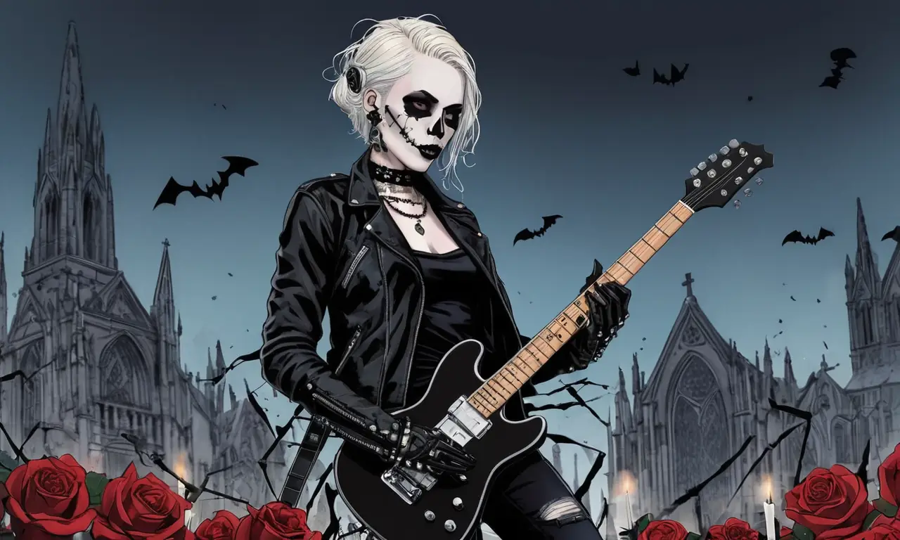 Una escena gótica llena de detalles oscuros y rebeldes