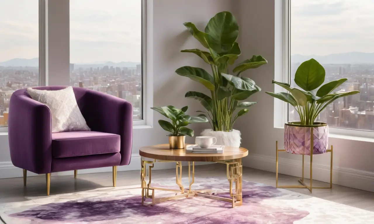 Un rincón acogedor con detalles elegantes y una vista urbana borrosa