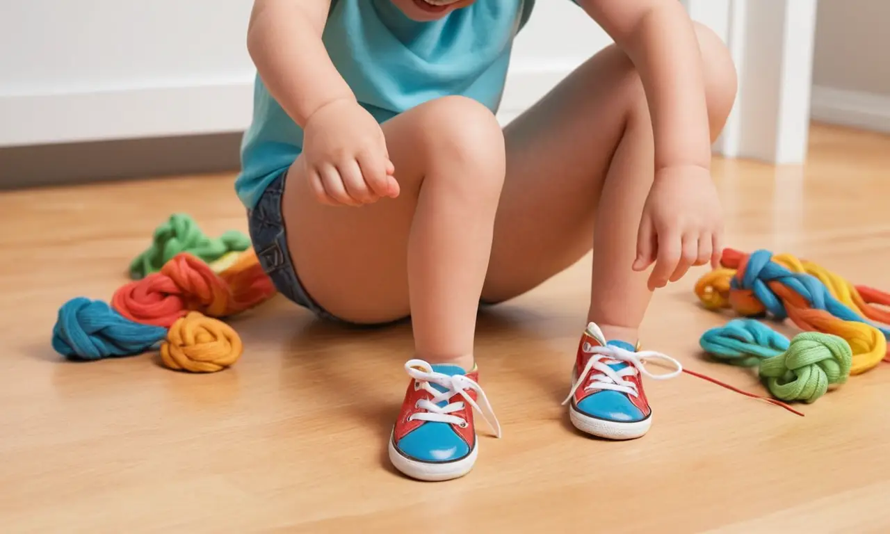 Un niño feliz corre con sus nuevos zapatos atados
