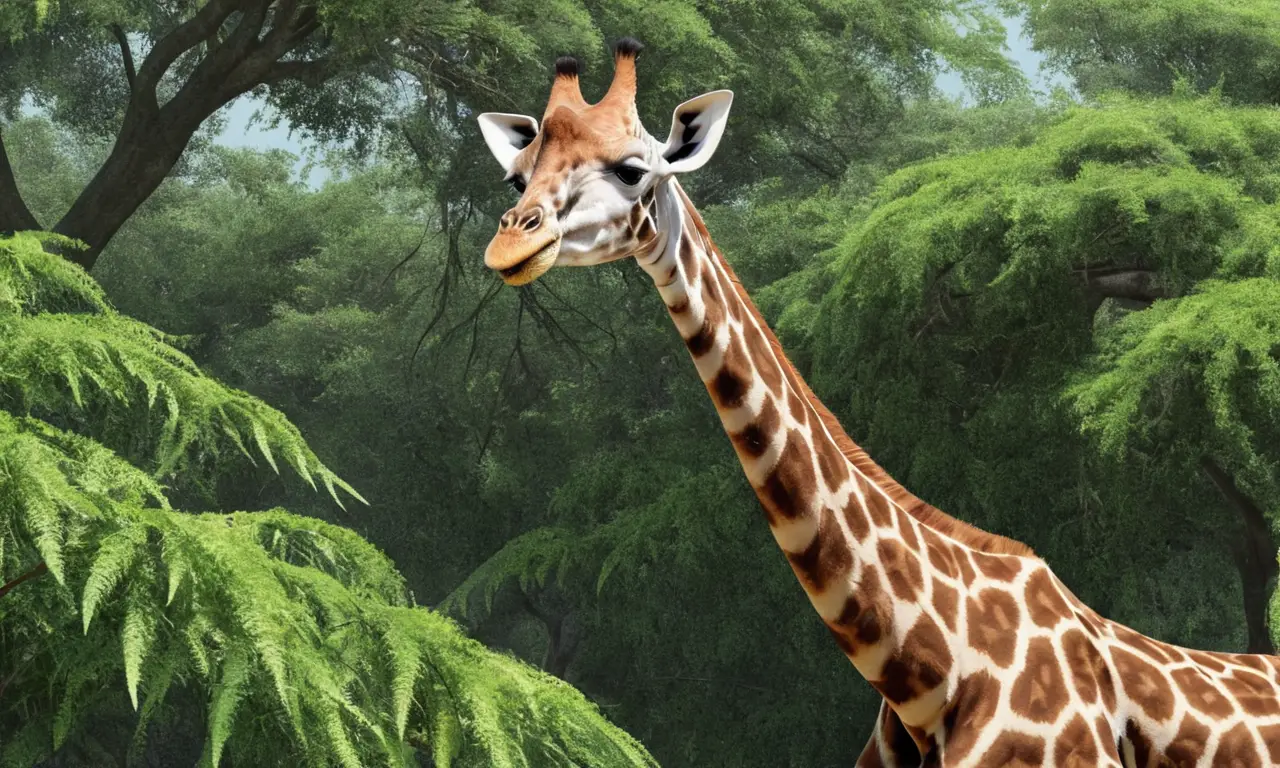El jirafa come hojas de acacia con su largo cuello y lengua