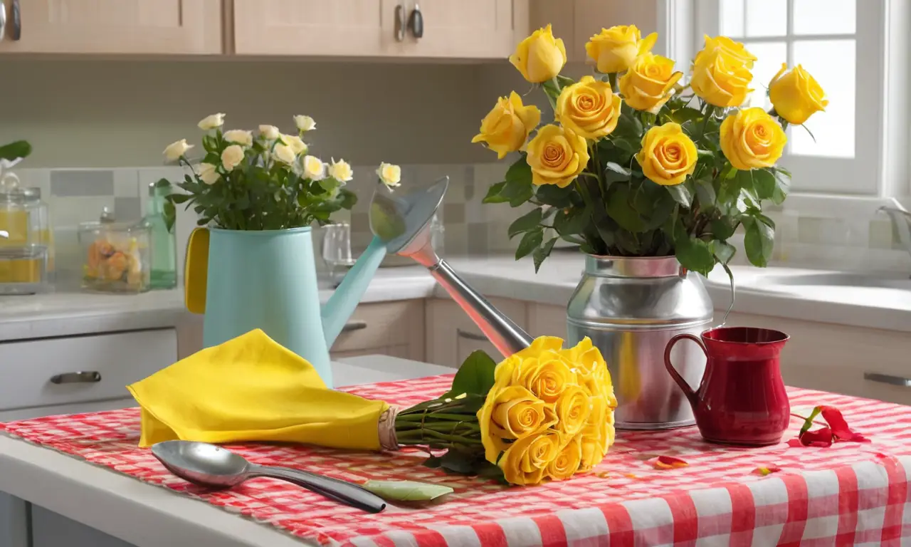 Un arreglo floral con rosas en un vaso sobre la encimera
