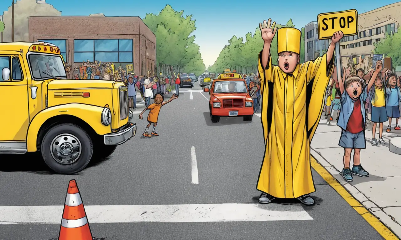 Un escenario caótico con elementos de tráfico y justicia