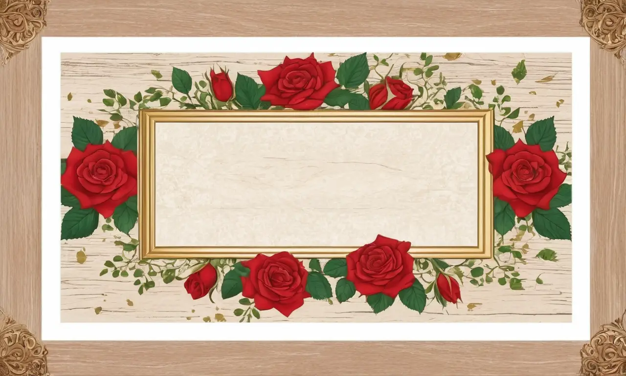Marco de póster blanco con textura de madera, detalles dorados y diseño floral