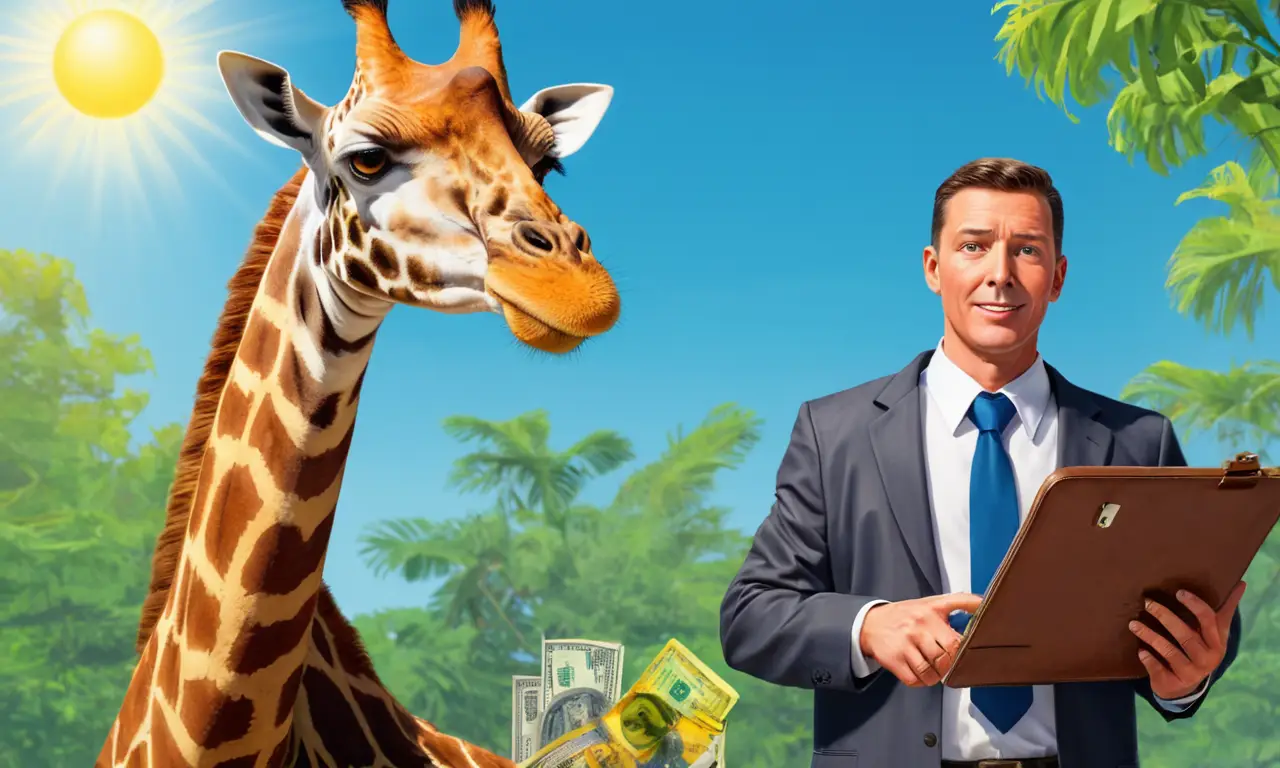 Un empresario calcula el precio de una jirafa en un entorno tropical