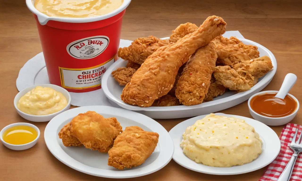 Un banquete frito de pollo con todos los acompañamientos