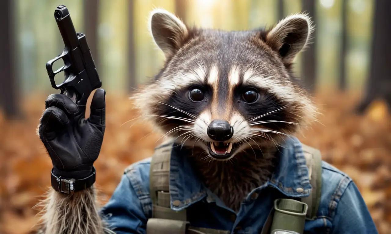 Un mapache con máscara y pistola sorprende en un bosque soleado