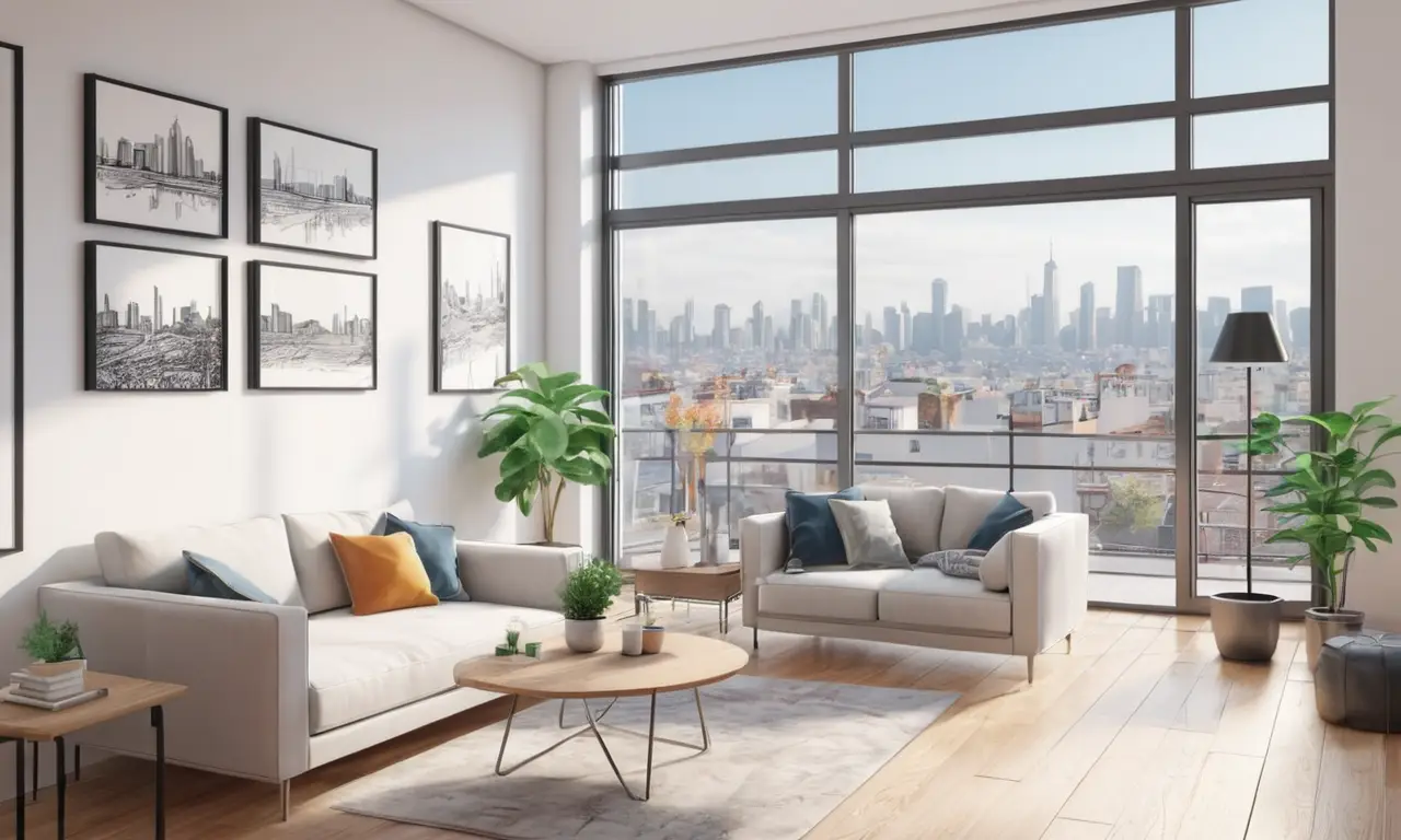 Un estudio acogedor con diseño minimalista y vistas a la ciudad