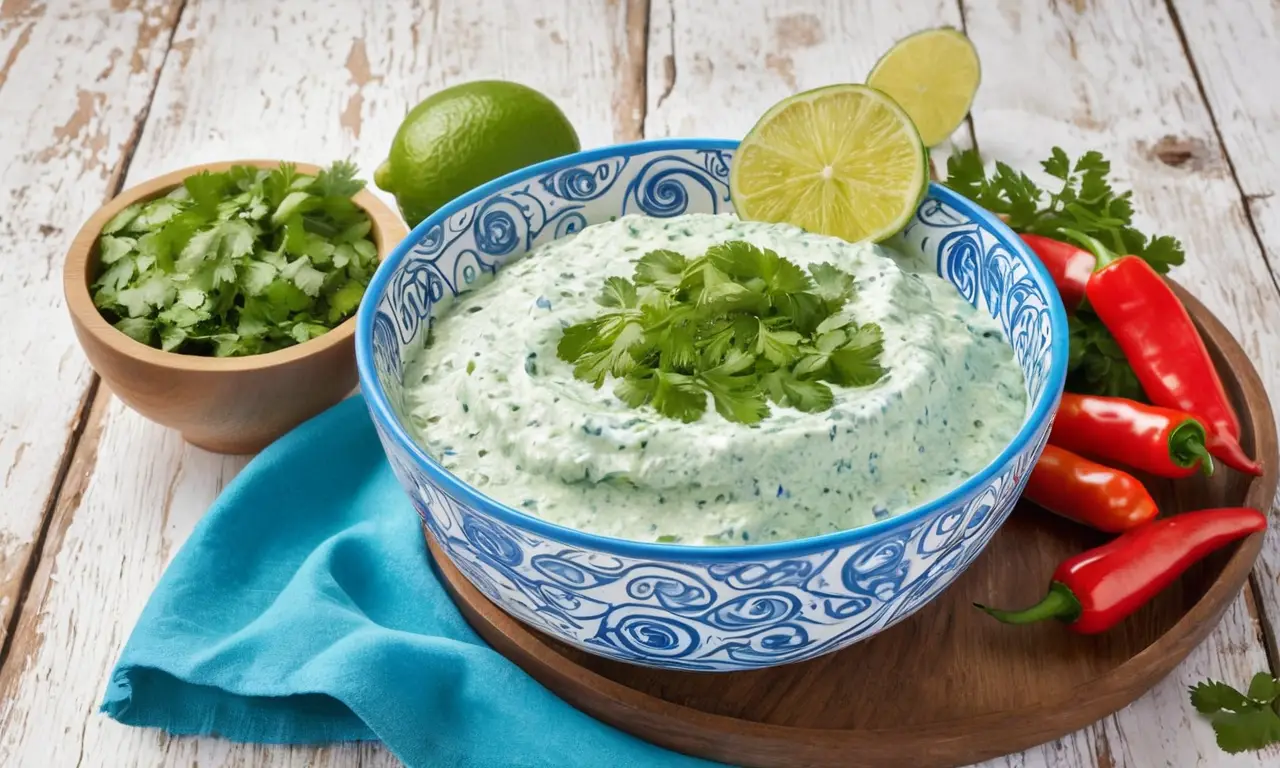 Un tazón de cerámica blanca con salsa azul y nachos verdes espera ser disfrutado