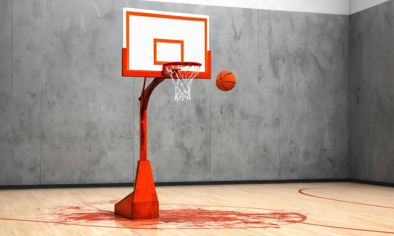 Un canasta de baloncesto oxidada en un gimnasio