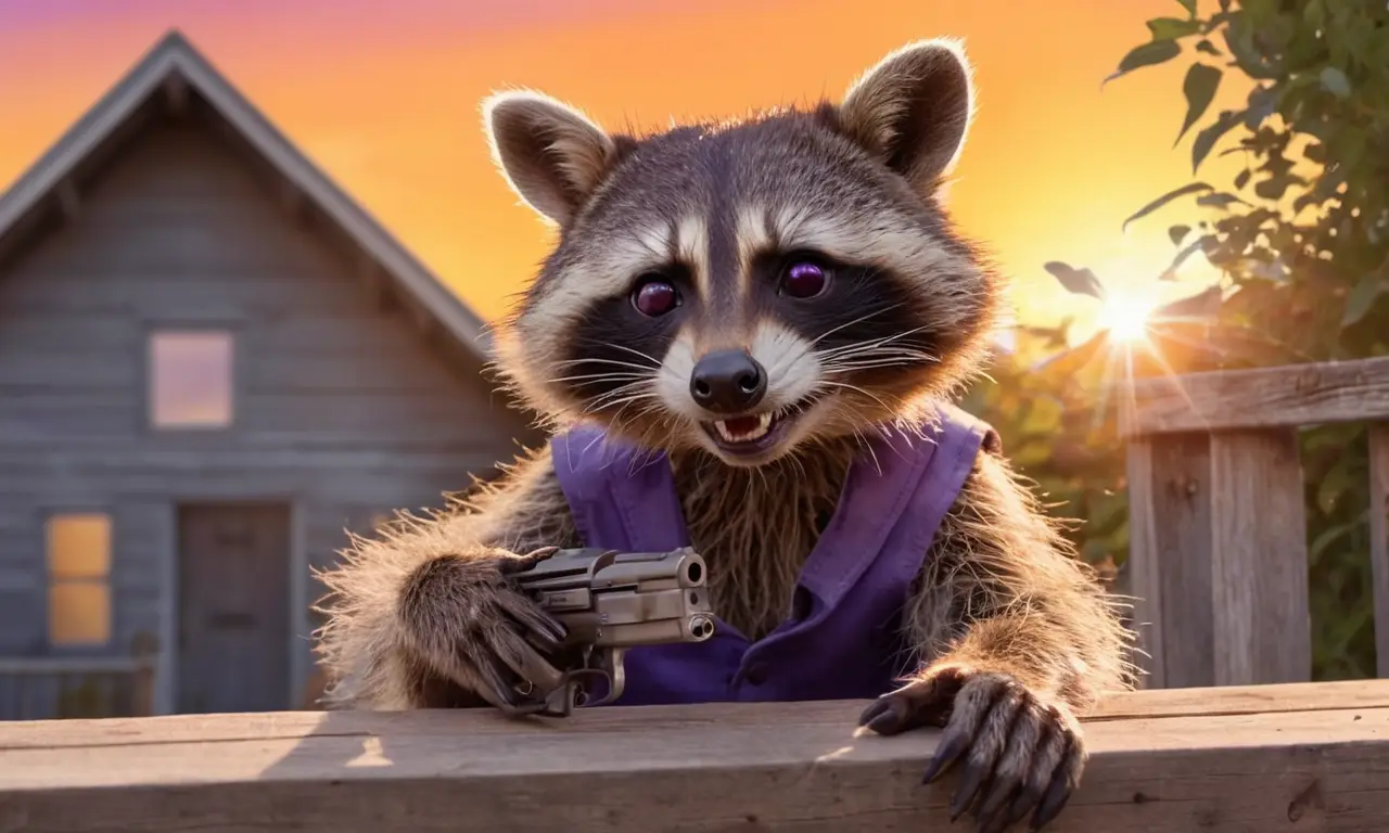 Un mapache travieso con máscara y arma en un atardecer melancólico