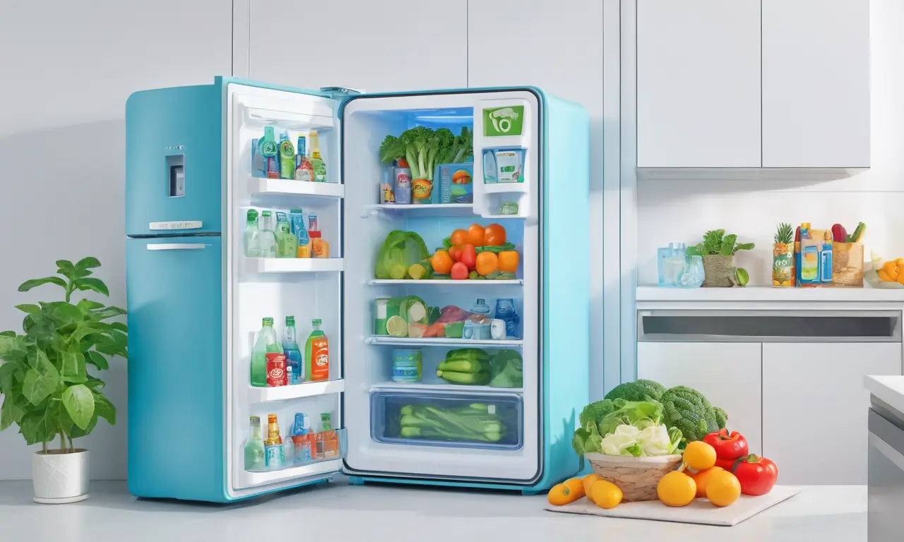 Un refrigerador azul ofrece refrigerio a una familia feliz