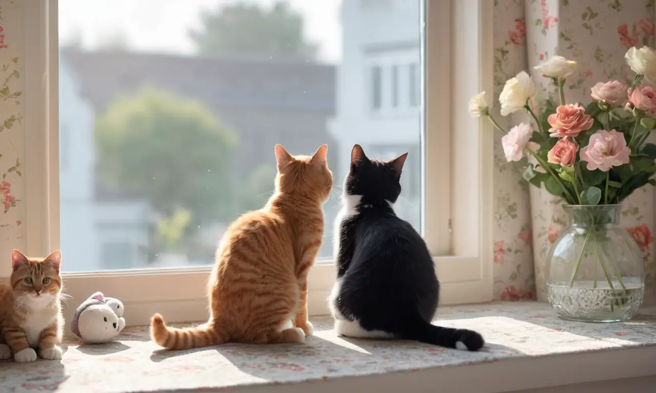 Dos gatos observan un abrazo desde una ventana con luz suave y decoración floral