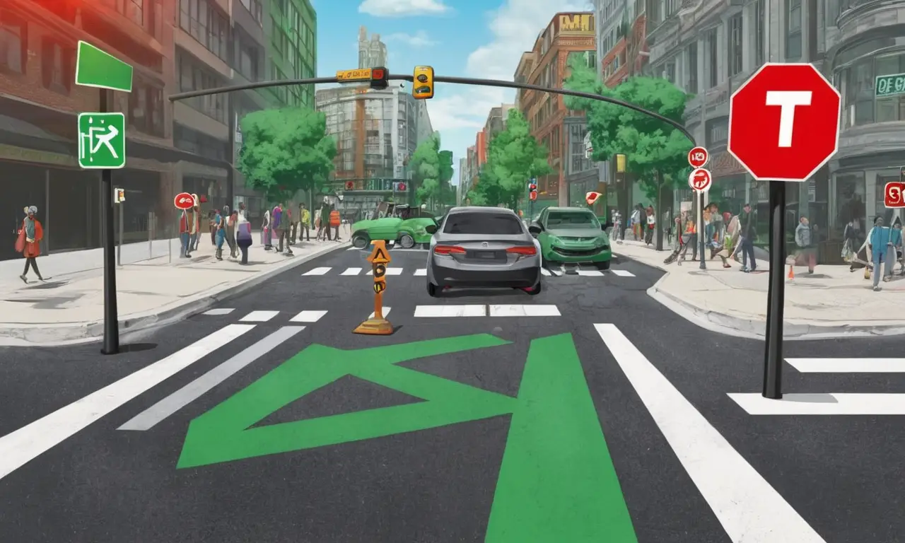 Escena urbana con tráfico y peatones