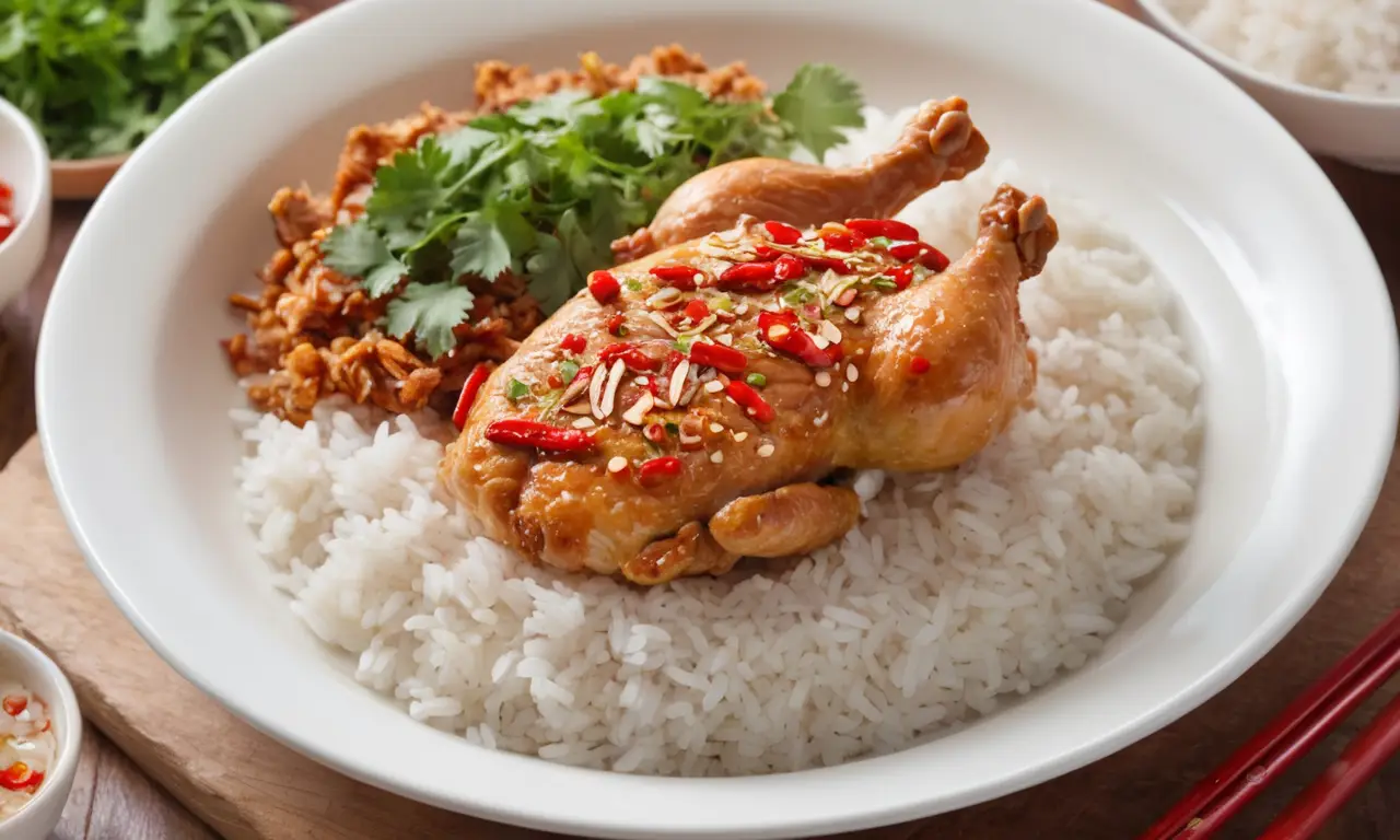 Un plato de pollo al vapor con arroz y especias, listo para ser degustado