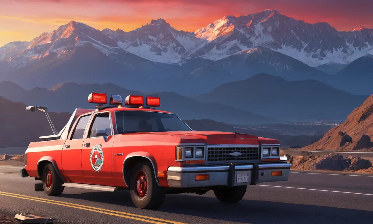 Un remolque rojo brilla bajo el atardecer mientras un auto averiado espera ayuda en la carretera