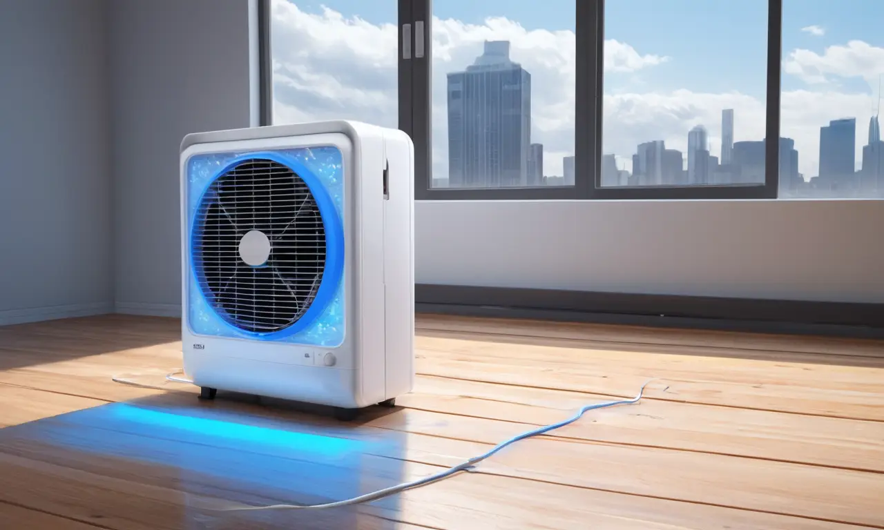 Un aire acondicionado portátil refresca un espacio con vista al sol radiante