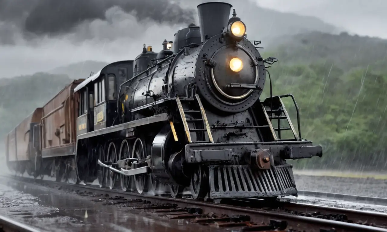 Un maquinista preocupado inspecciona su tren en medio de una tormenta