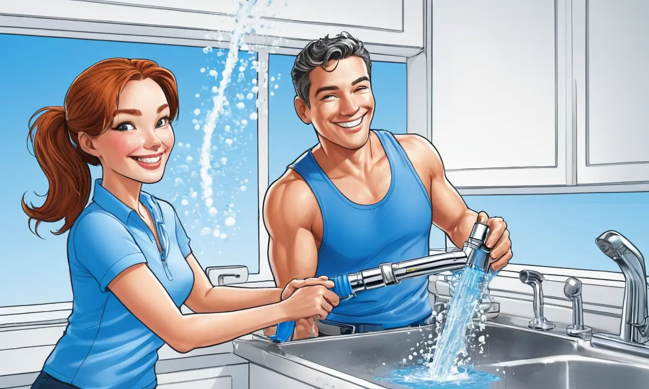 Un técnico arregla el grifo y la familia disfruta del agua limpia