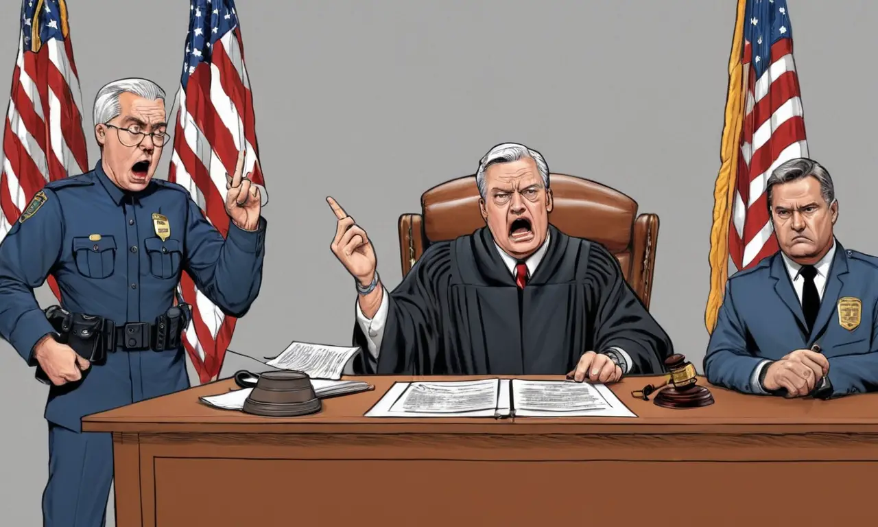 Una escena de juicio tenso y caótica