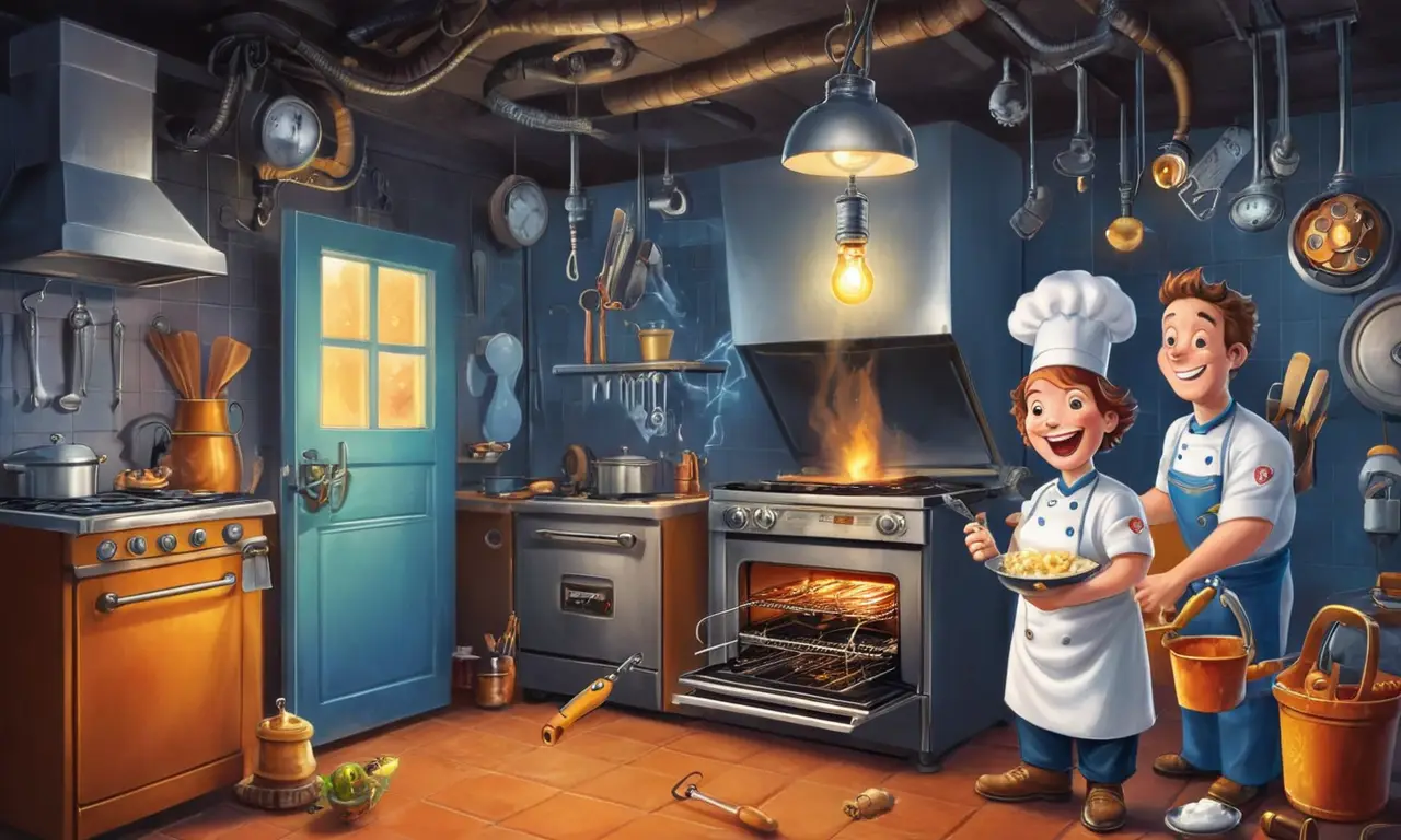 Un horno animado prepara una cena deliciosa para una familia feliz