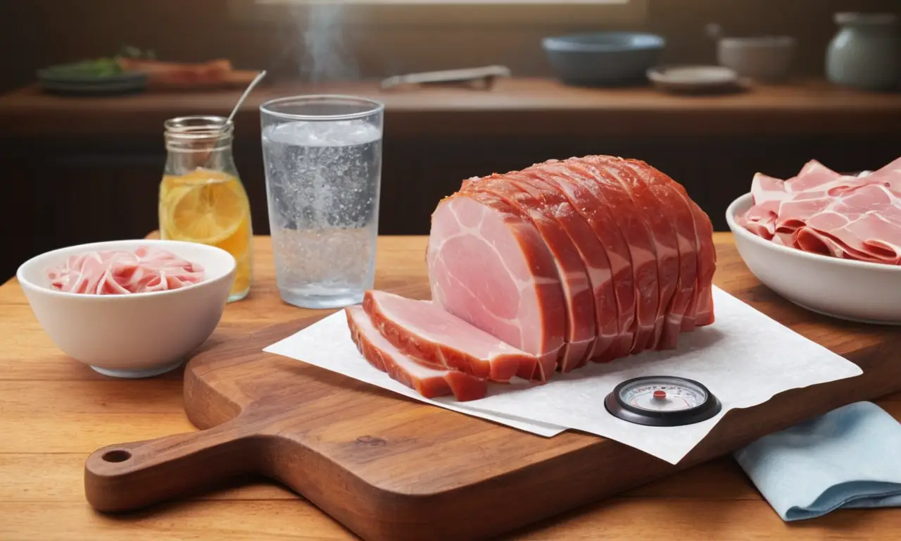 Un plato de jamón cortado espera junto a utensilios para su preparación
