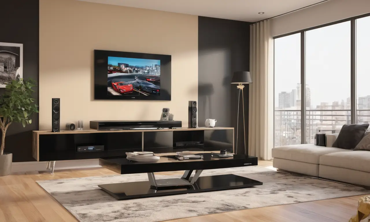 Un televisor moderno se integra a un elegante apartamento